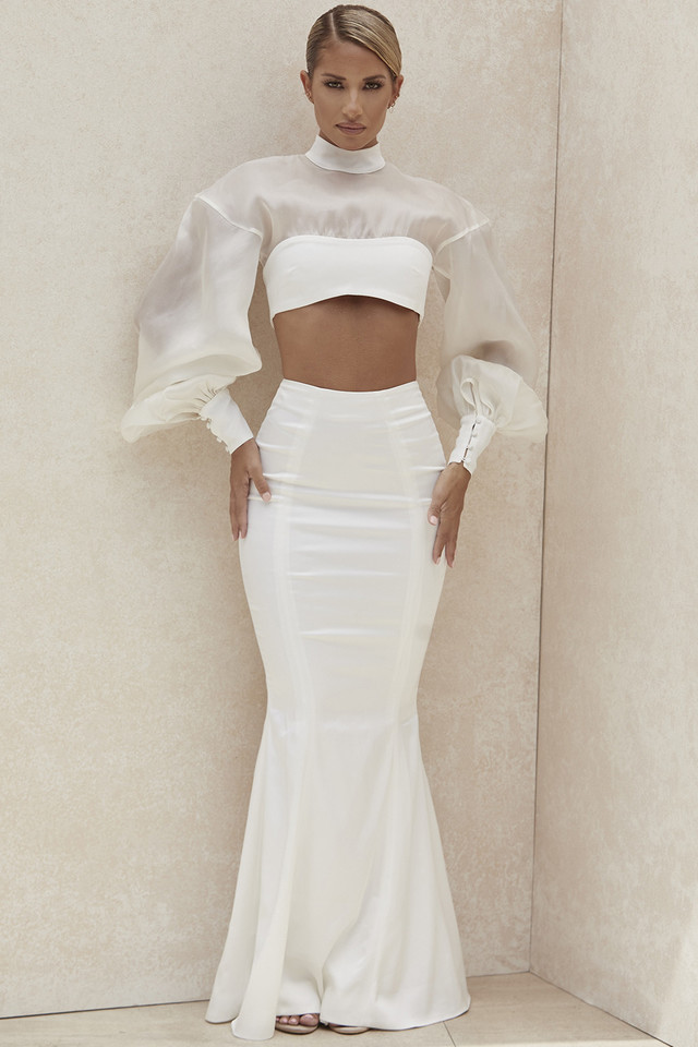 'Daphne' Ivory Fit and Flare Maxi Skirt